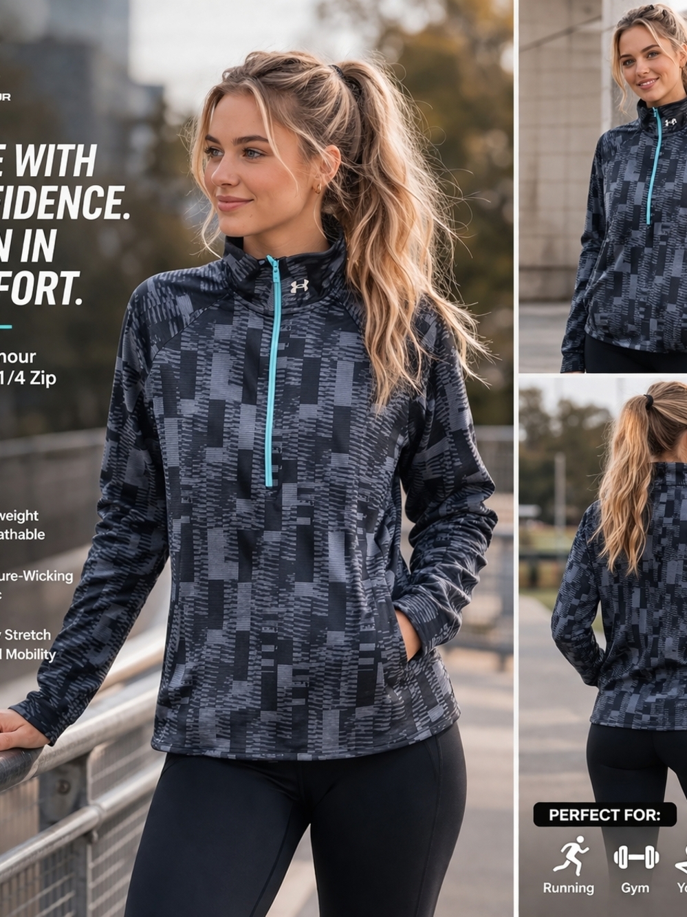 Under Armour Black & Teal Patterned 1/4 Zip Pullover